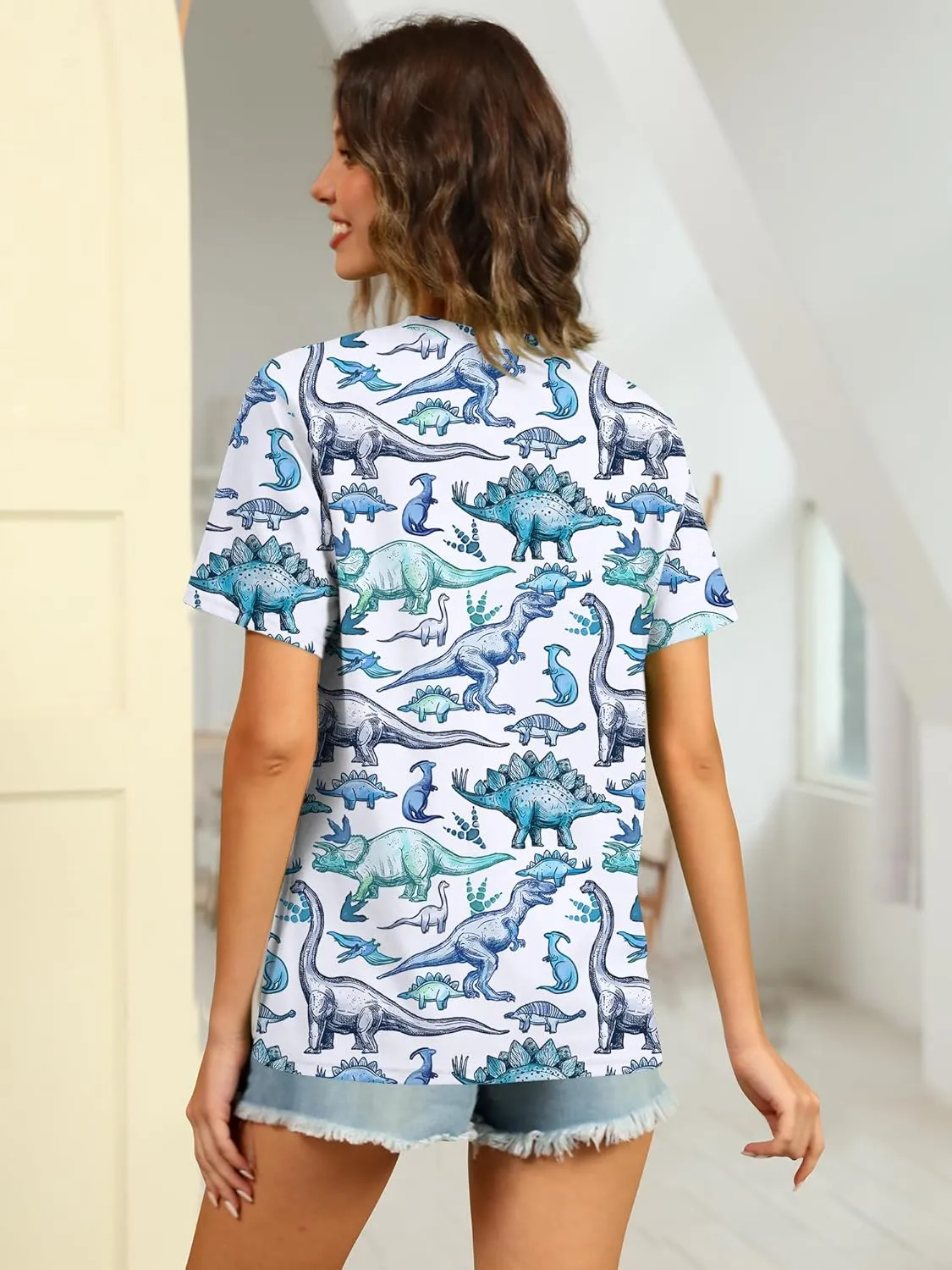 RMCMS Women Dinosaur Shirt Summer Cute Tops Dino Graphic Tees Casual Loose Short Sleeve Blouse