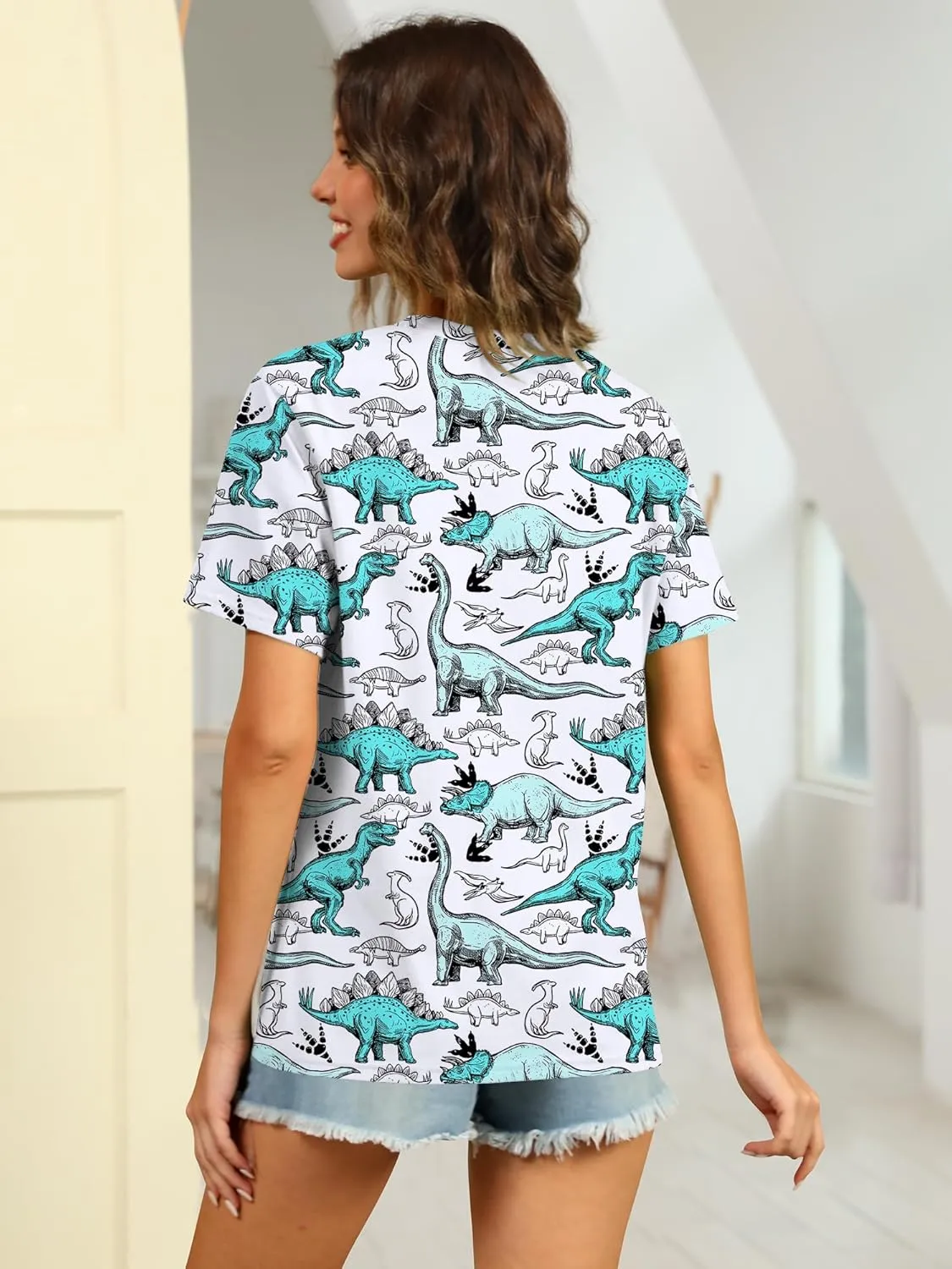 RMCMS Women Dinosaur Shirt Summer Cute Tops Dino Graphic Tees Casual Loose Short Sleeve Blouse