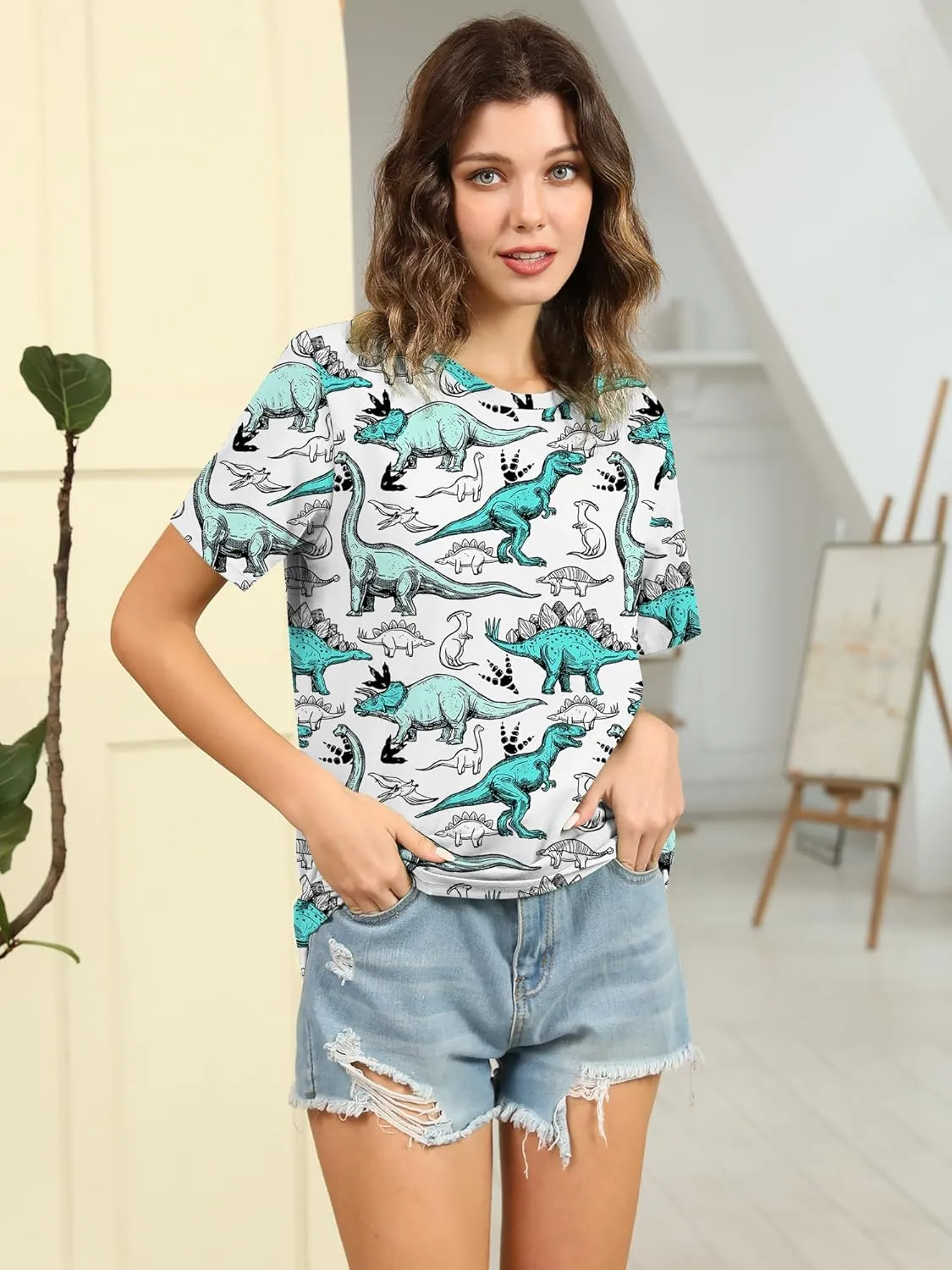 RMCMS Women Dinosaur Shirt Summer Cute Tops Dino Graphic Tees Casual Loose Short Sleeve Blouse