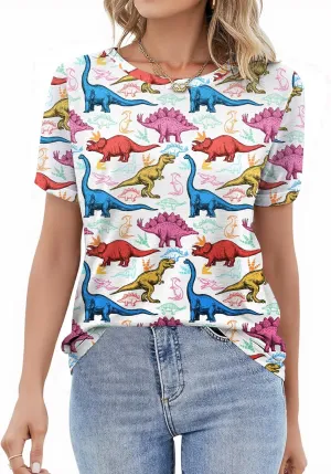 RMCMS Women Dinosaur Shirt Summer Cute Tops Dino Graphic Tees Casual Loose Short Sleeve Blouse