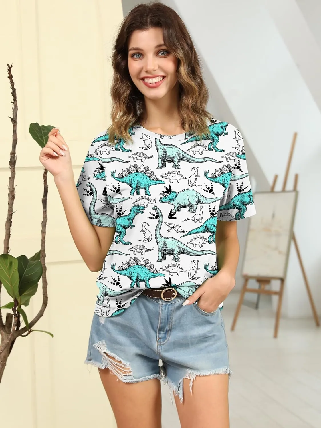 RMCMS Women Dinosaur Shirt Summer Cute Tops Dino Graphic Tees Casual Loose Short Sleeve Blouse