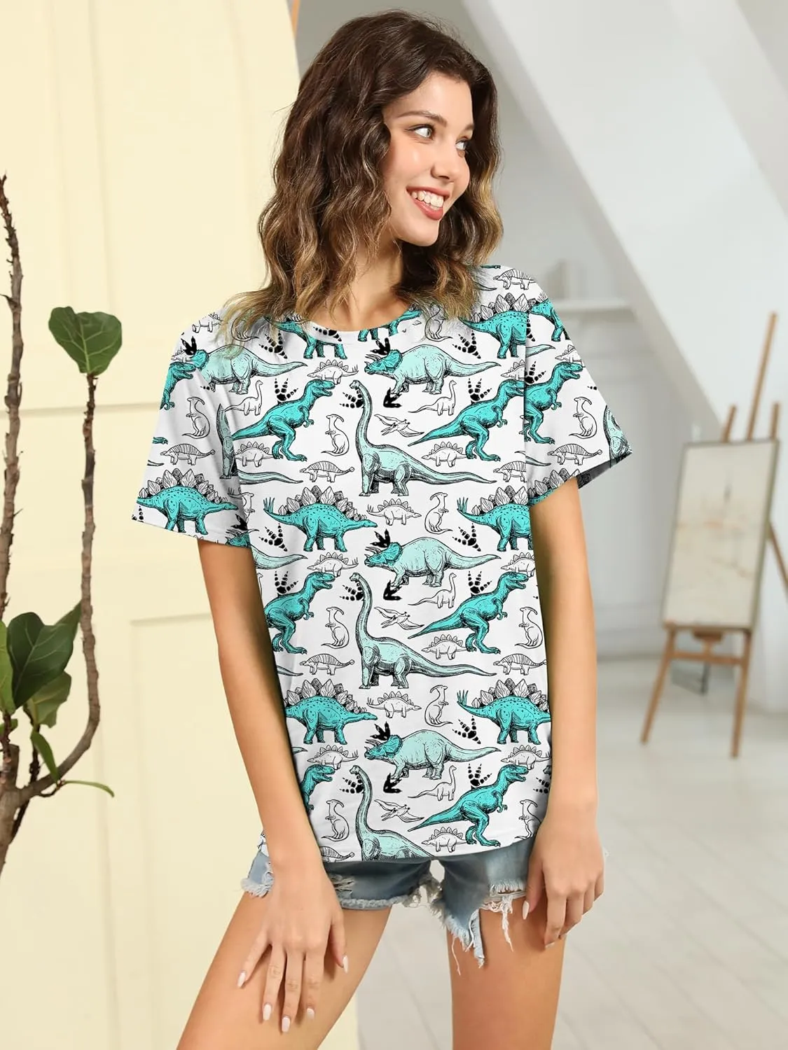 RMCMS Women Dinosaur Shirt Summer Cute Tops Dino Graphic Tees Casual Loose Short Sleeve Blouse