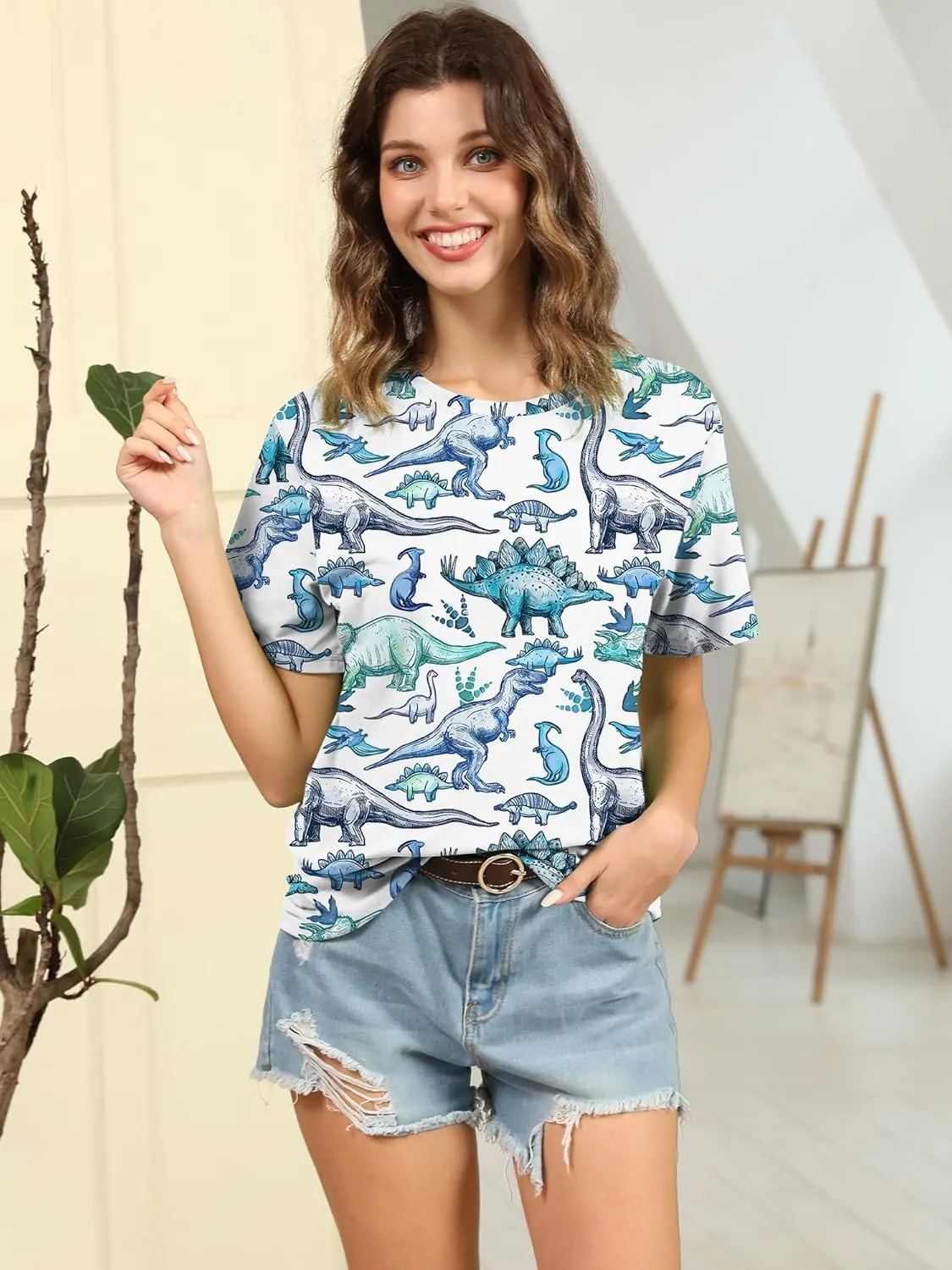 RMCMS Women Dinosaur Shirt Summer Cute Tops Dino Graphic Tees Casual Loose Short Sleeve Blouse
