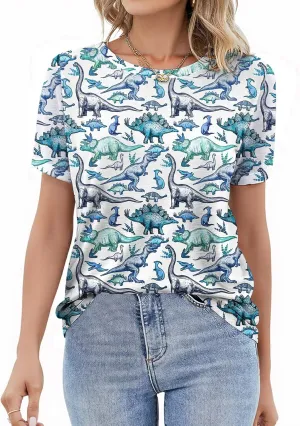 RMCMS Women Dinosaur Shirt Summer Cute Tops Dino Graphic Tees Casual Loose Short Sleeve Blouse