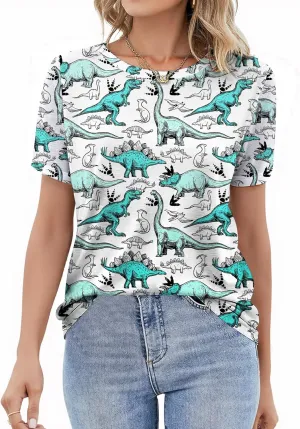 RMCMS Women Dinosaur Shirt Summer Cute Tops Dino Graphic Tees Casual Loose Short Sleeve Blouse