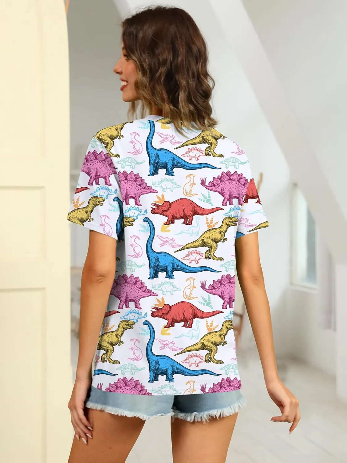 RMCMS Women Dinosaur Shirt Summer Cute Tops Dino Graphic Tees Casual Loose Short Sleeve Blouse