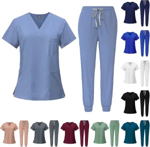 Scrubs for Women Set Stretch V-Neck Scrub Tops with Pockets & Cargo Pant Quick Drying Solid Nurse Work Uniform