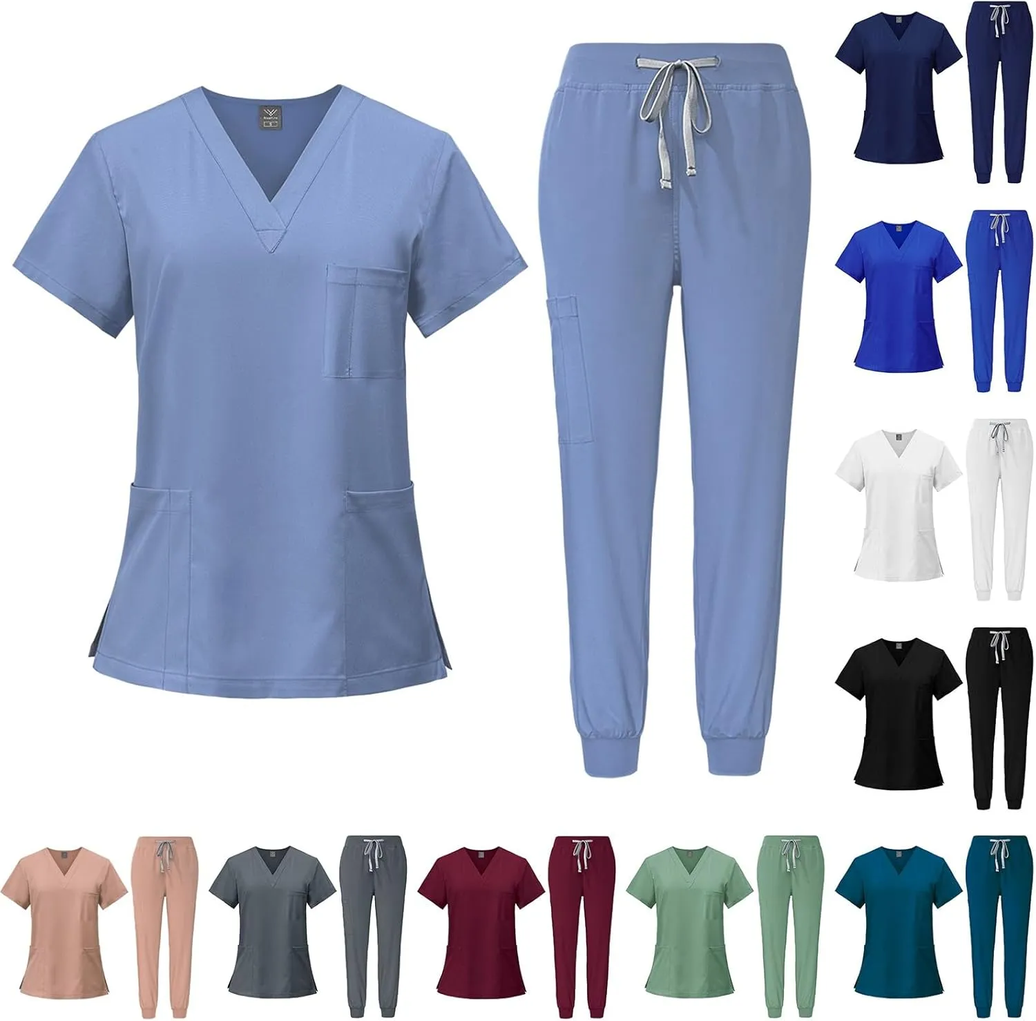 Scrubs for Women Set Stretch V-Neck Scrub Tops with Pockets & Cargo Pant Quick Drying Solid Nurse Work Uniform