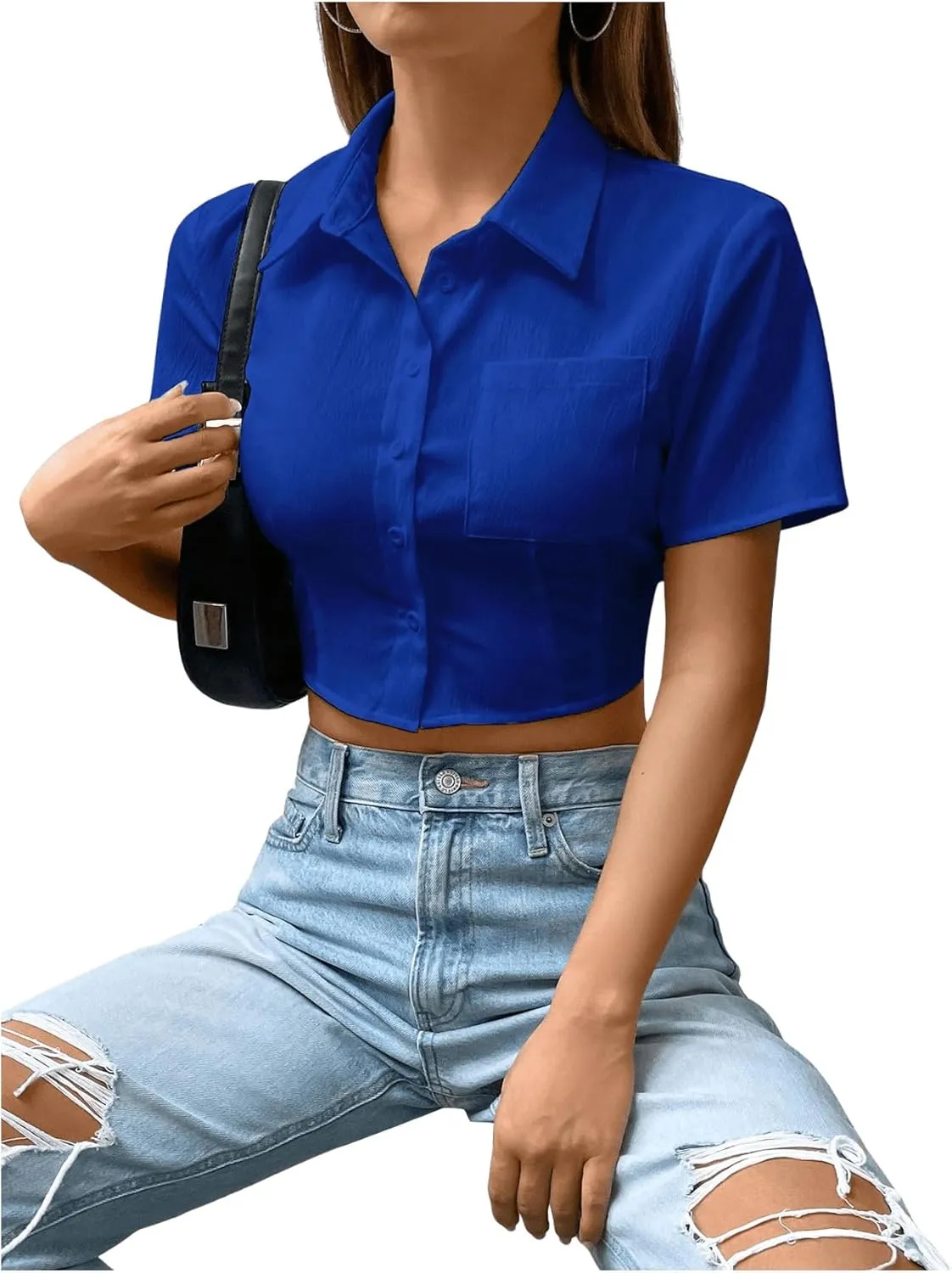 SHENHE Women's Short Sleeve Button Up Shirt Casual Collared Cropped Button Down Top