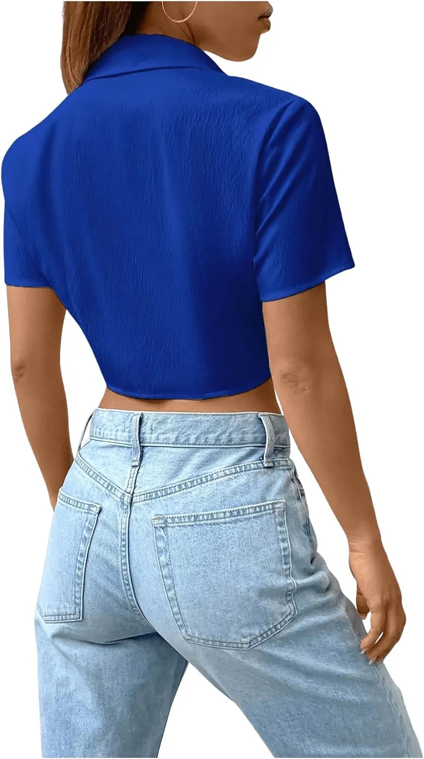 SHENHE Women's Short Sleeve Button Up Shirt Casual Collared Cropped Button Down Top