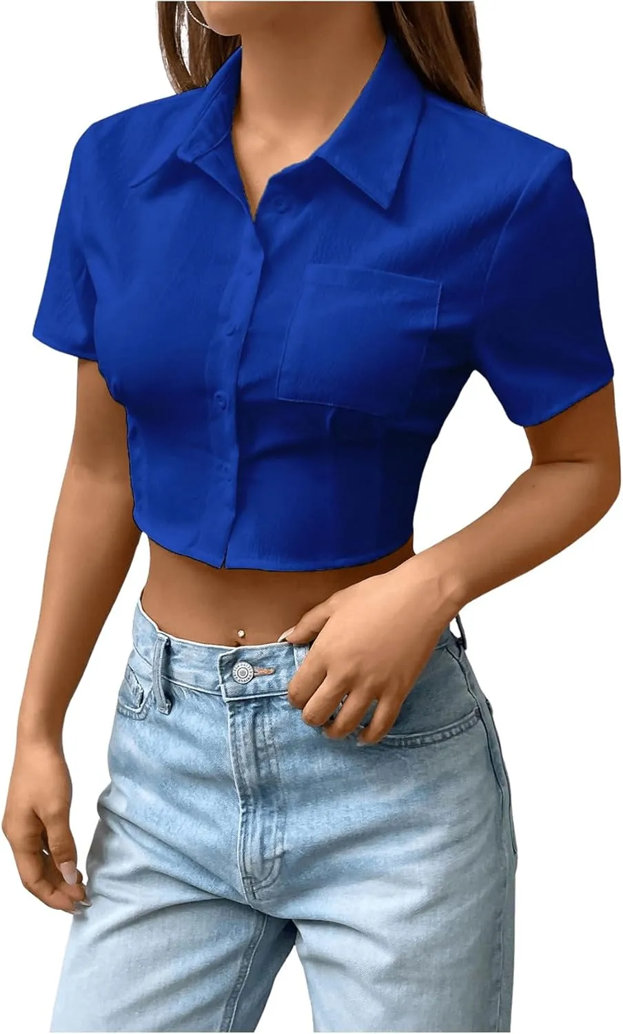 SHENHE Women's Short Sleeve Button Up Shirt Casual Collared Cropped Button Down Top