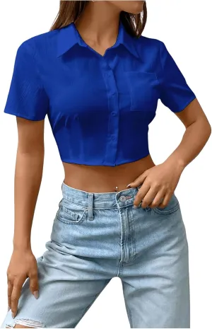 SHENHE Women's Short Sleeve Button Up Shirt Casual Collared Cropped Button Down Top