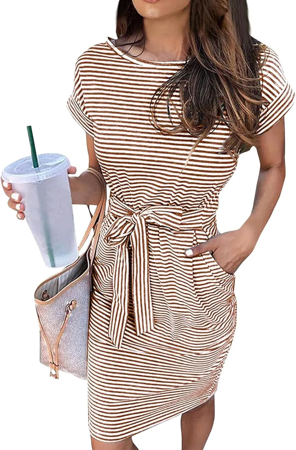 Short Sleeve Shirt Dresses for Women 2025 Summer Tie Waist Midi Ladies Dresses Striped Casual Dress with Pockets