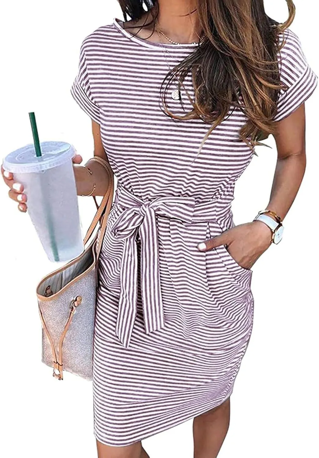 Short Sleeve Shirt Dresses for Women 2025 Summer Tie Waist Midi Ladies Dresses Striped Casual Dress with Pockets