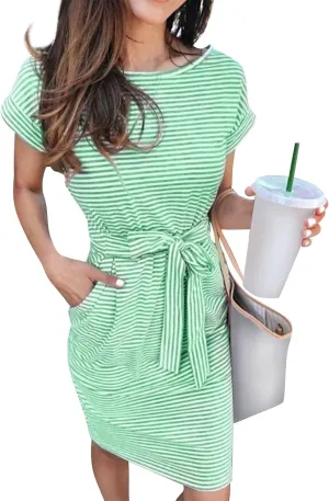 Short Sleeve Shirt Dresses for Women 2025 Summer Tie Waist Midi Ladies Dresses Striped Casual Dress with Pockets