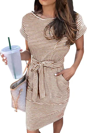 Short Sleeve Shirt Dresses for Women 2025 Summer Tie Waist Midi Ladies Dresses Striped Casual Dress with Pockets