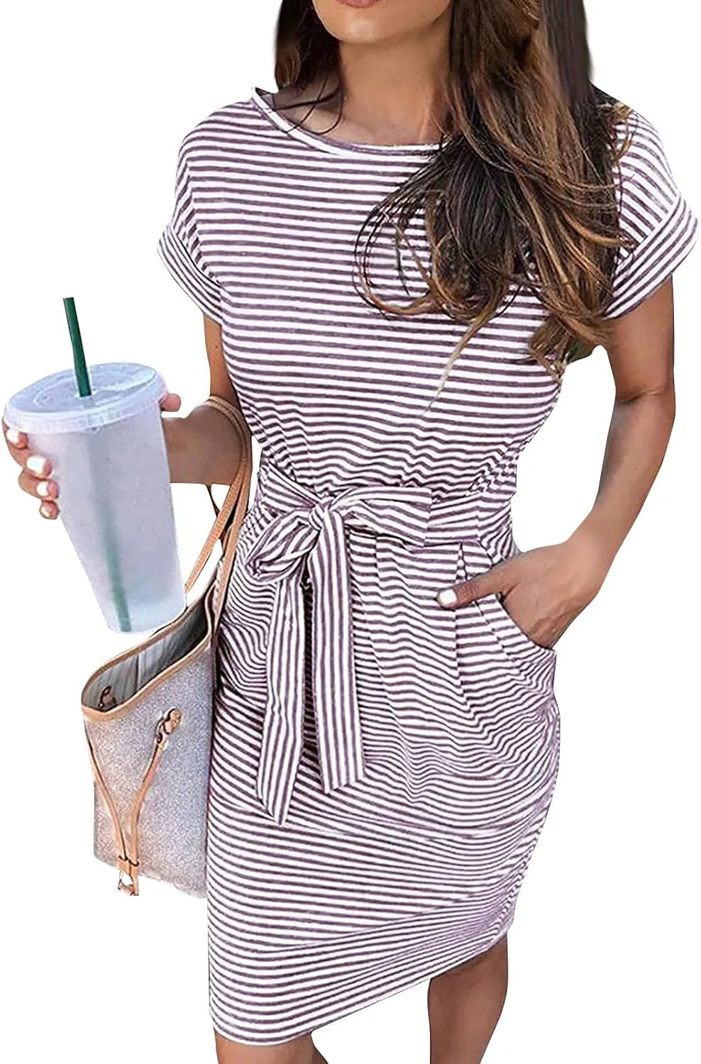 Short Sleeve Shirt Dresses for Women 2025 Summer Tie Waist Midi Ladies Dresses Striped Casual Dress with Pockets