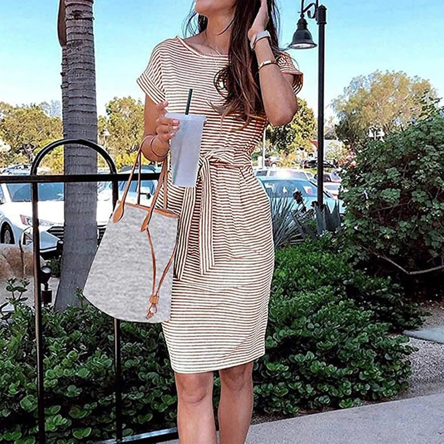 Short Sleeve Shirt Dresses for Women 2025 Summer Tie Waist Midi Ladies Dresses Striped Casual Dress with Pockets