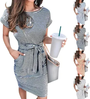 Short Sleeve Shirt Dresses for Women 2025 Summer Tie Waist Midi Ladies Dresses Striped Casual Dress with Pockets
