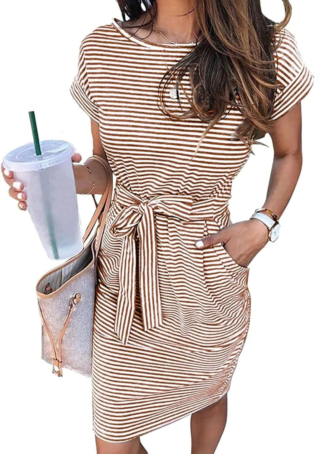 Short Sleeve Shirt Dresses for Women 2025 Summer Tie Waist Midi Ladies Dresses Striped Casual Dress with Pockets