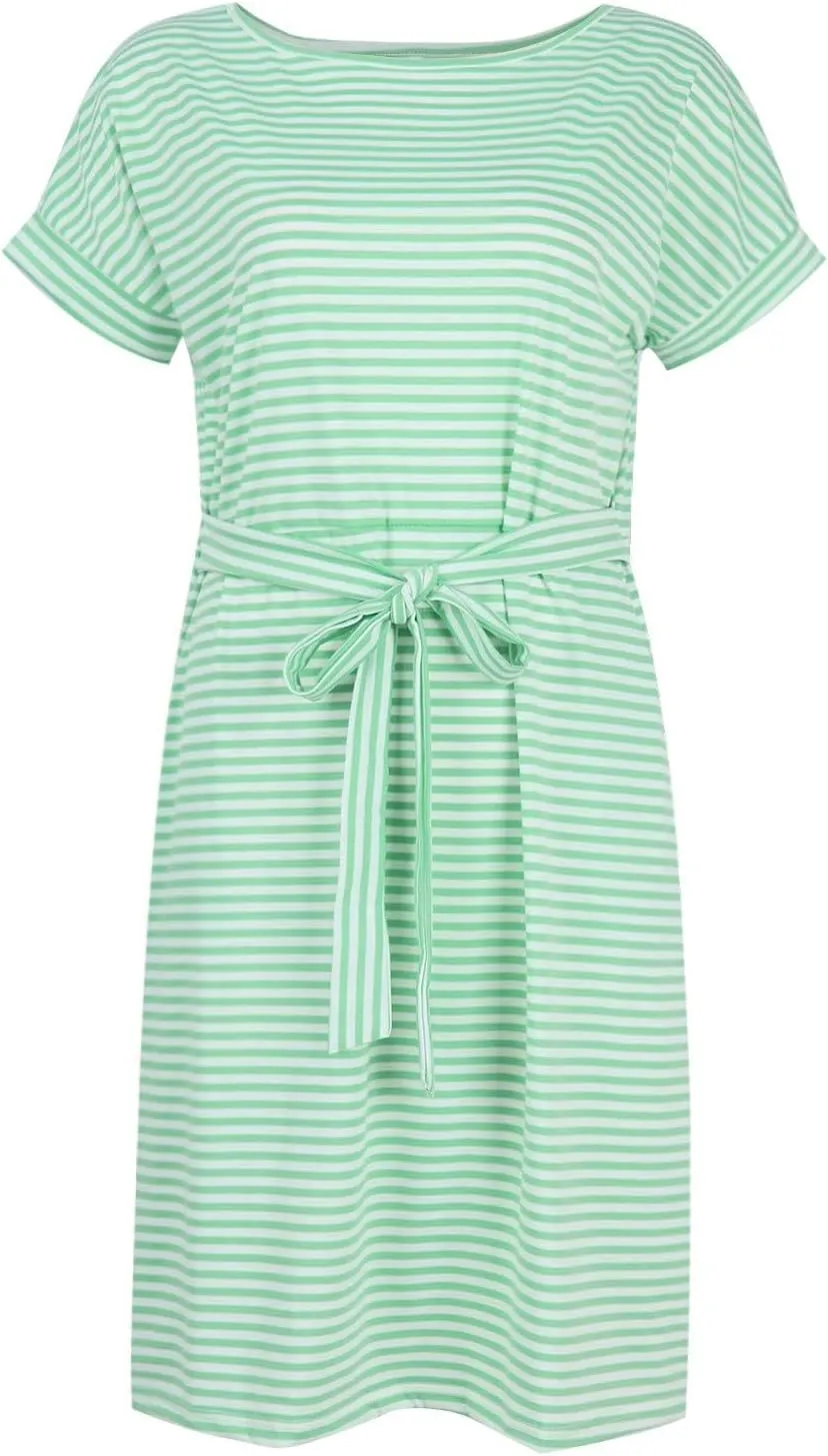 Short Sleeve Shirt Dresses for Women 2025 Summer Tie Waist Midi Ladies Dresses Striped Casual Dress with Pockets