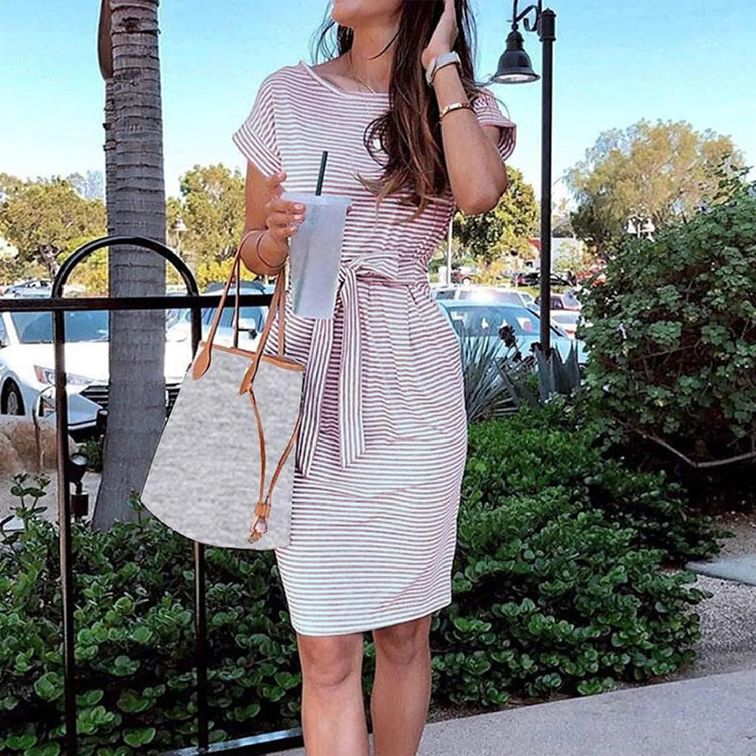 Short Sleeve Shirt Dresses for Women 2025 Summer Tie Waist Midi Ladies Dresses Striped Casual Dress with Pockets
