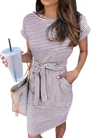 Short Sleeve Shirt Dresses for Women 2025 Summer Tie Waist Midi Ladies Dresses Striped Casual Dress with Pockets