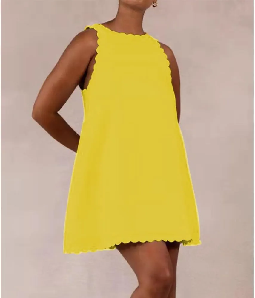 Sleeveless Cotton Linen Tank Dress for Women Scallop Neck Loose Casual Summer Mini Short Dresses