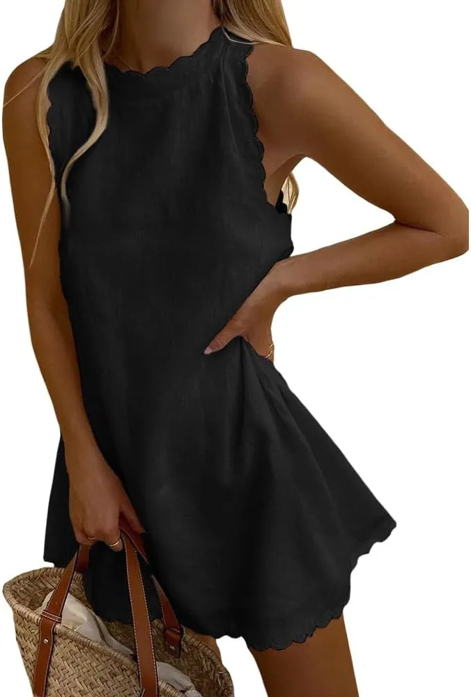 Sleeveless Cotton Linen Tank Dress for Women Scallop Neck Loose Casual Summer Mini Short Dresses