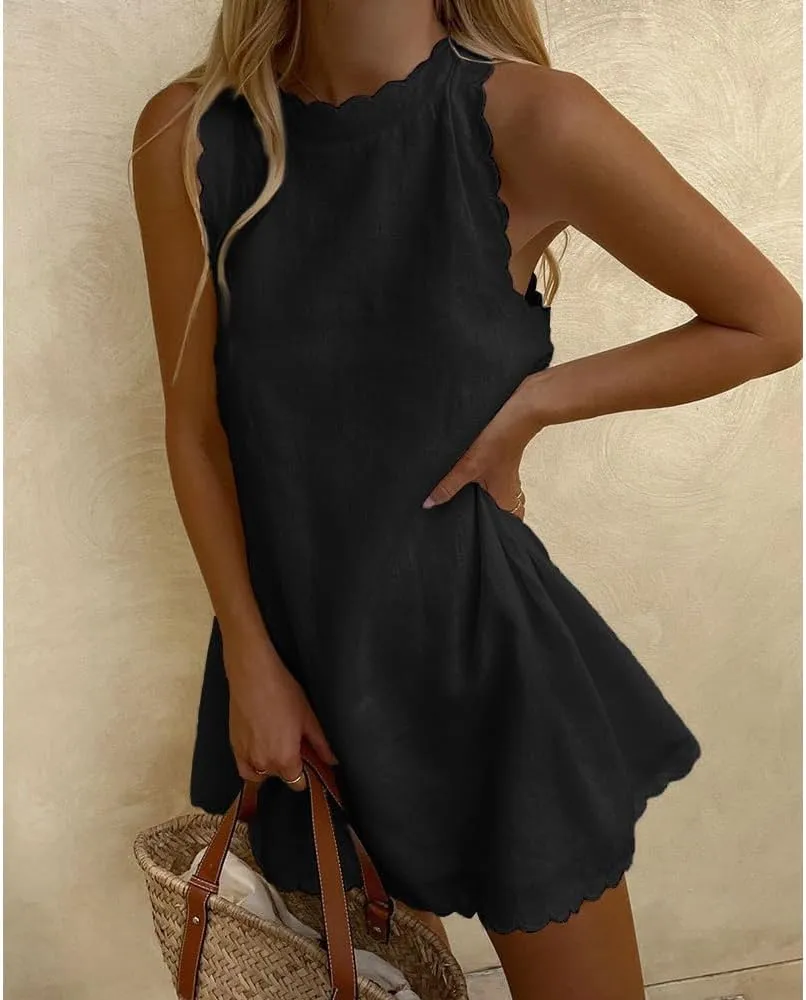 Sleeveless Cotton Linen Tank Dress for Women Scallop Neck Loose Casual Summer Mini Short Dresses