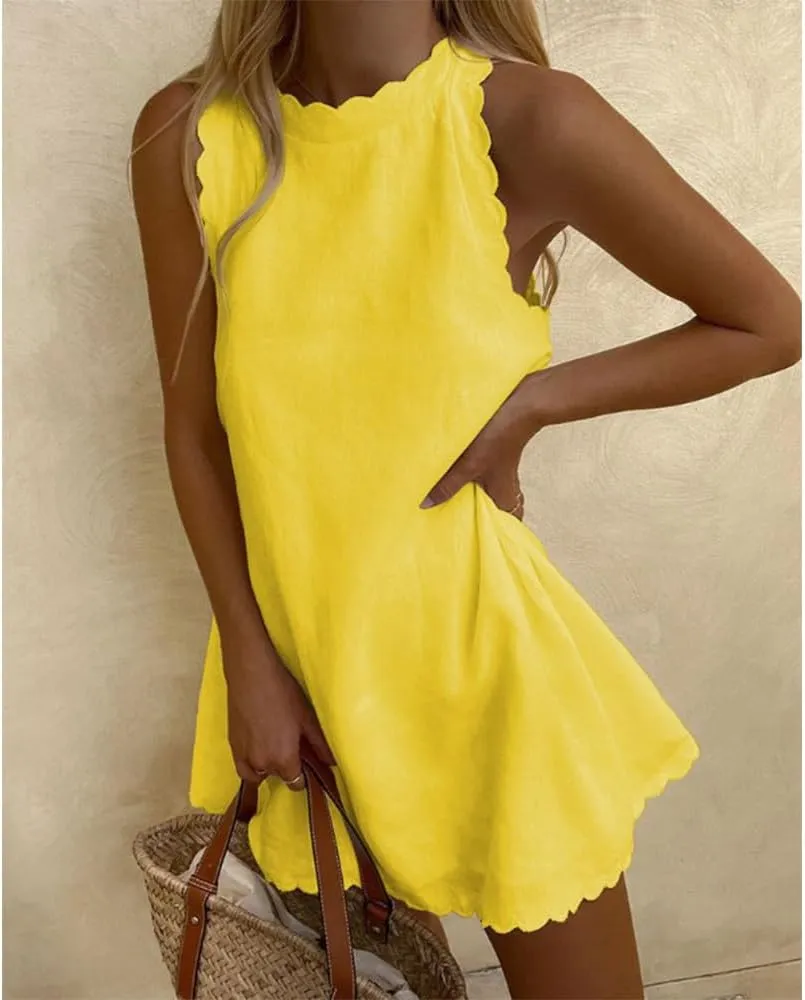 Sleeveless Cotton Linen Tank Dress for Women Scallop Neck Loose Casual Summer Mini Short Dresses