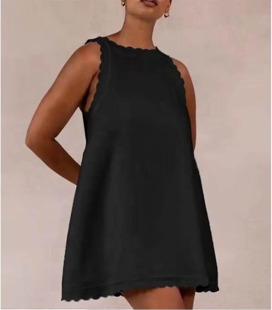 Sleeveless Cotton Linen Tank Dress for Women Scallop Neck Loose Casual Summer Mini Short Dresses