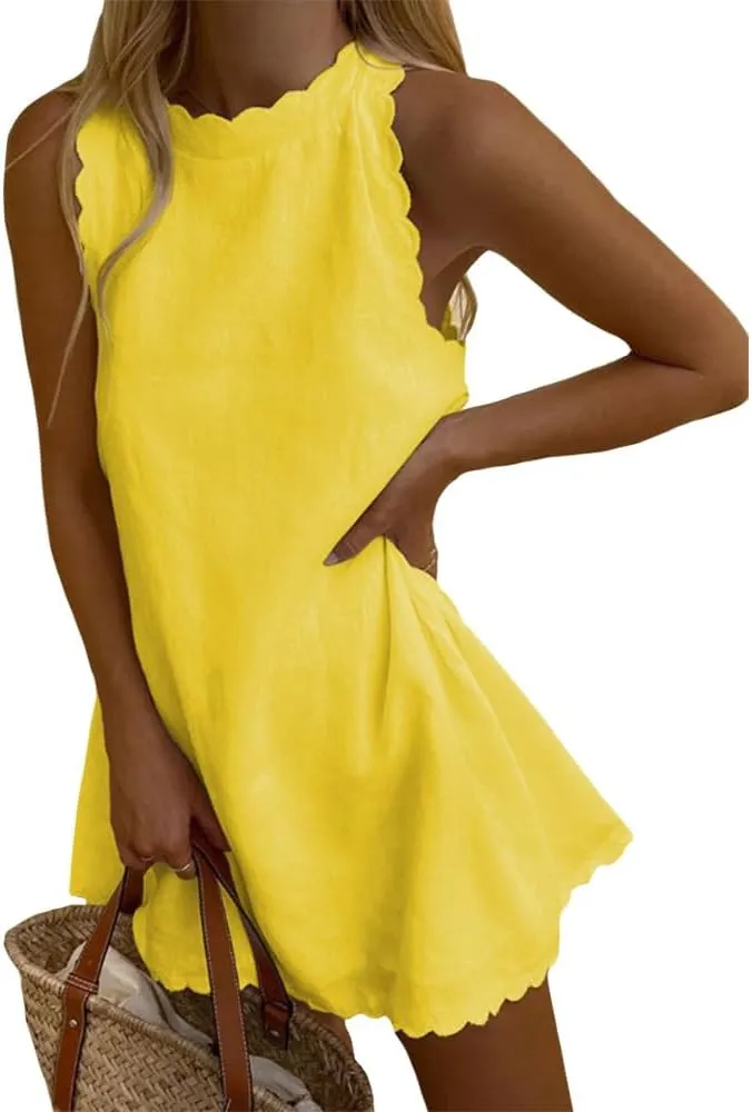 Sleeveless Cotton Linen Tank Dress for Women Scallop Neck Loose Casual Summer Mini Short Dresses