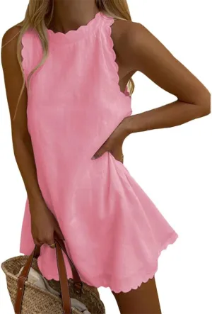 Sleeveless Cotton Linen Tank Dress for Women Scallop Neck Loose Casual Summer Mini Short Dresses