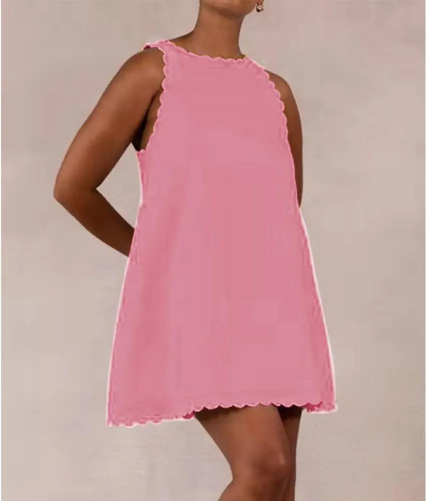 Sleeveless Cotton Linen Tank Dress for Women Scallop Neck Loose Casual Summer Mini Short Dresses
