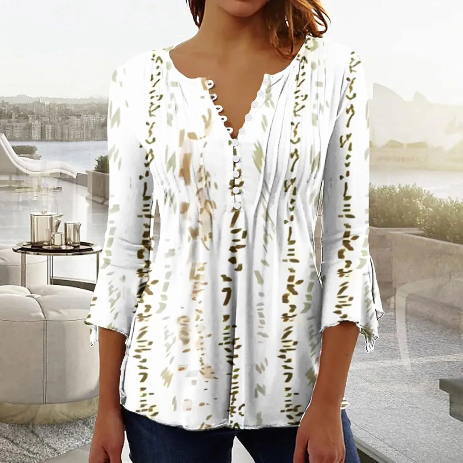 SMIDOW Women 3/4 Sleeve Graphic Tunic Tops Trendy 2024 Summer Casual v Neck Empire Waist t-Shirt Blouse