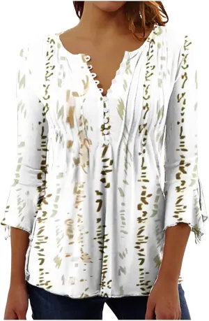 SMIDOW Women 3/4 Sleeve Graphic Tunic Tops Trendy 2024 Summer Casual v Neck Empire Waist t-Shirt Blouse