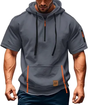 Summer 1/4 Zip Up Hoodies T-Shirt for Men Short Sleeve Workout Athletic Hooded Shirt Pullover Casual Tops Vests with Pockets