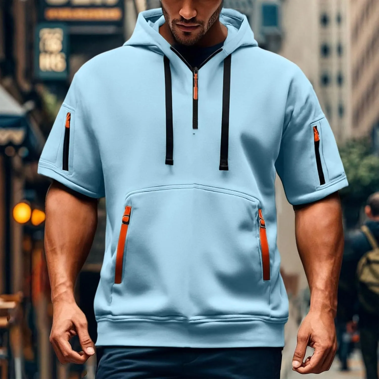 Summer 1/4 Zip Up Hoodies T-Shirt for Men Short Sleeve Workout Athletic Hooded Shirt Pullover Casual Tops Vests with Pockets