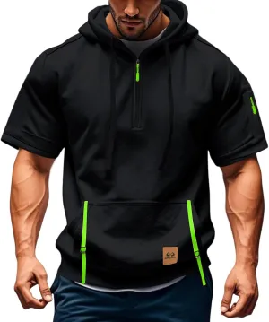 Summer 1/4 Zip Up Hoodies T-Shirt for Men Short Sleeve Workout Athletic Hooded Shirt Pullover Casual Tops Vests with Pockets
