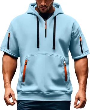 Summer 1/4 Zip Up Hoodies T-Shirt for Men Short Sleeve Workout Athletic Hooded Shirt Pullover Casual Tops Vests with Pockets