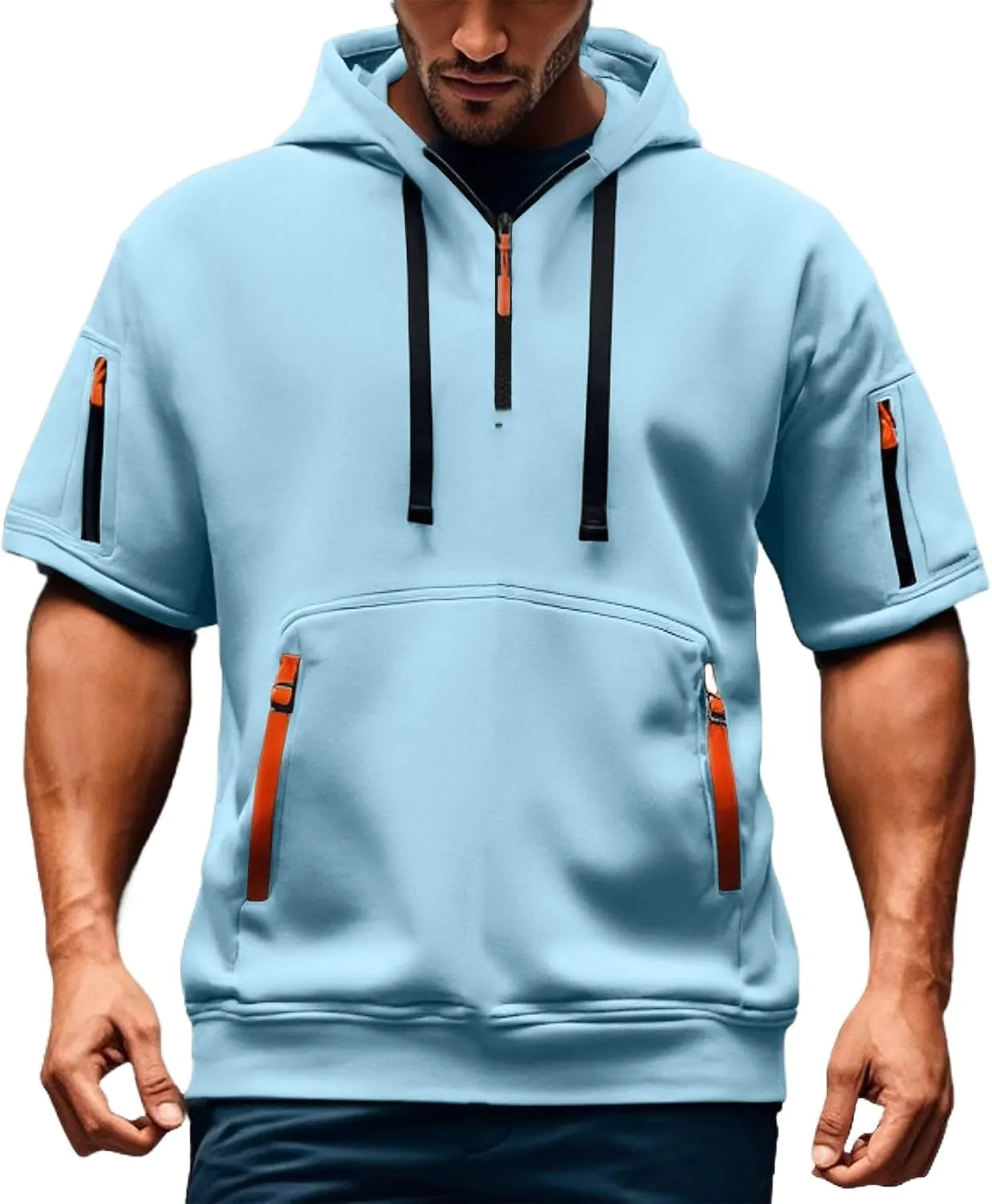 Summer 1/4 Zip Up Hoodies T-Shirt for Men Short Sleeve Workout Athletic Hooded Shirt Pullover Casual Tops Vests with Pockets