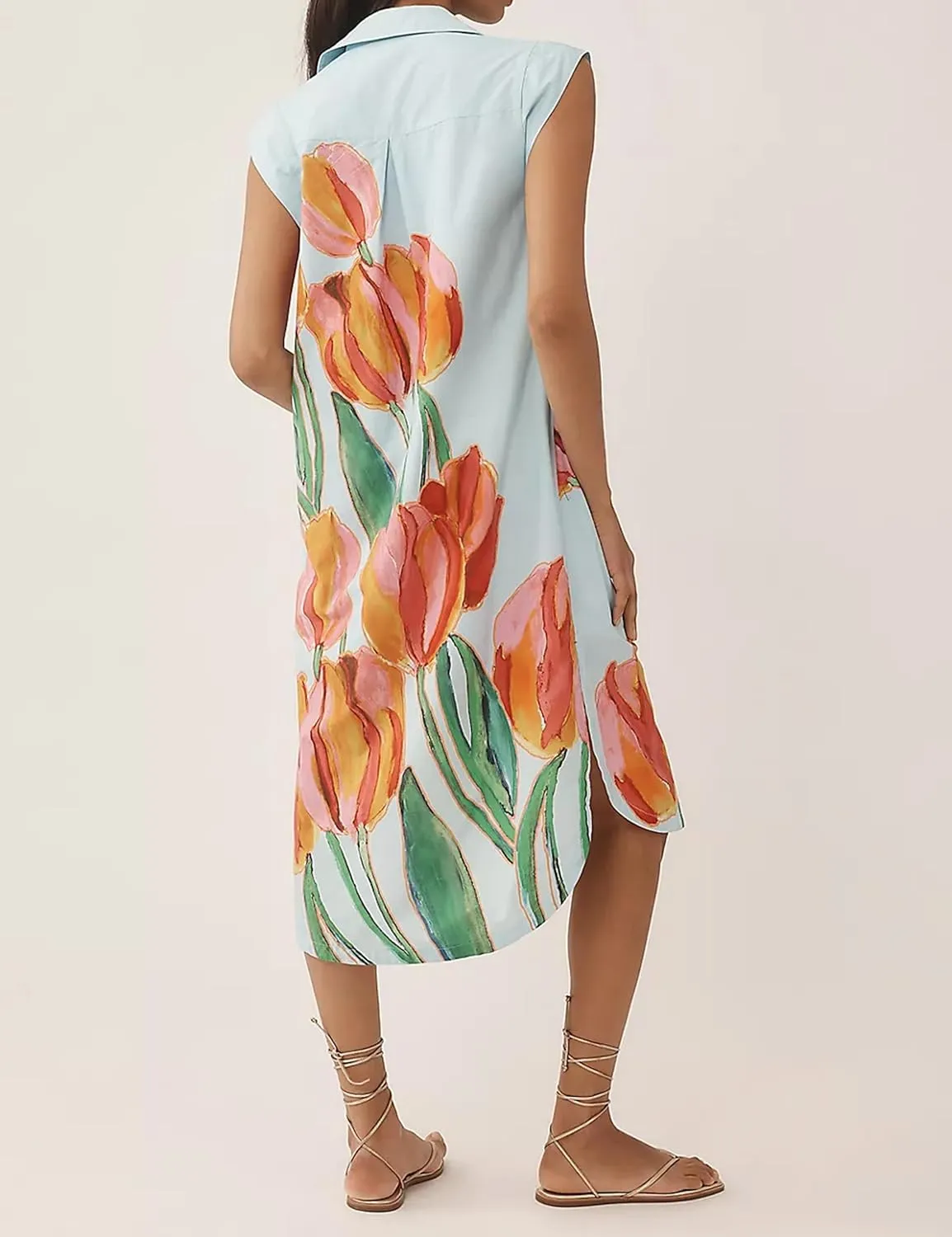 Summer Button Down Floral Print Cap Sleeve Shirt Midi Dress for Women Casual Lapel V Neck Loose Fit Blouse Dresses