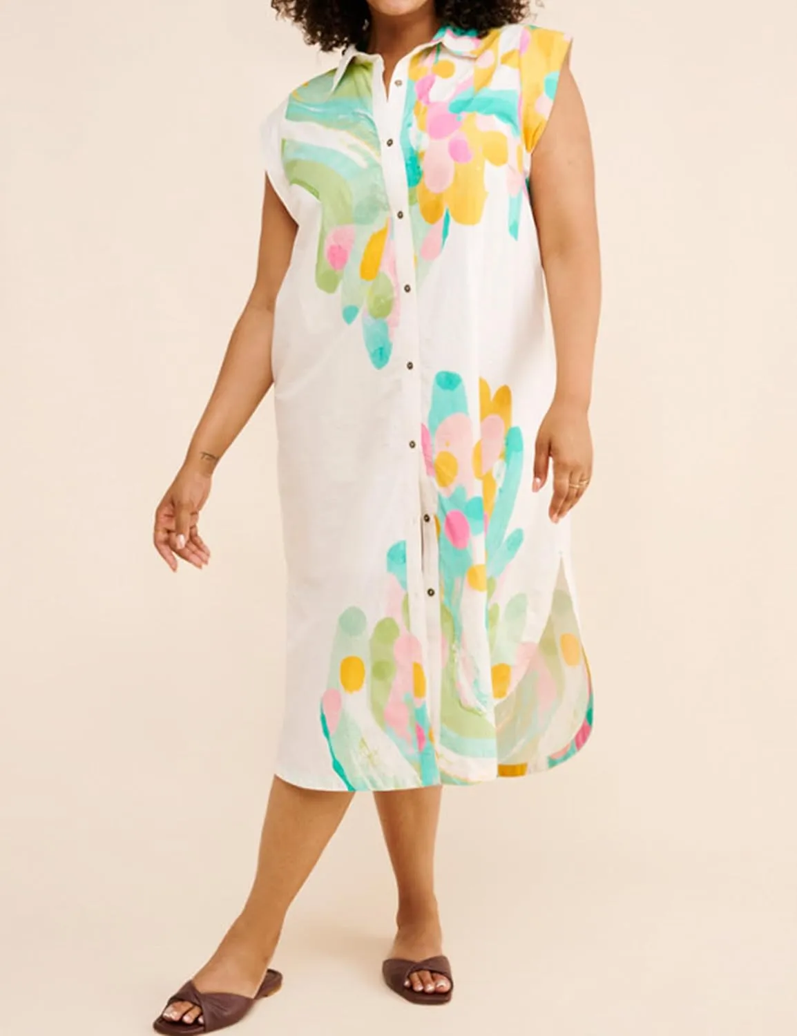 Summer Button Down Floral Print Cap Sleeve Shirt Midi Dress for Women Casual Lapel V Neck Loose Fit Blouse Dresses