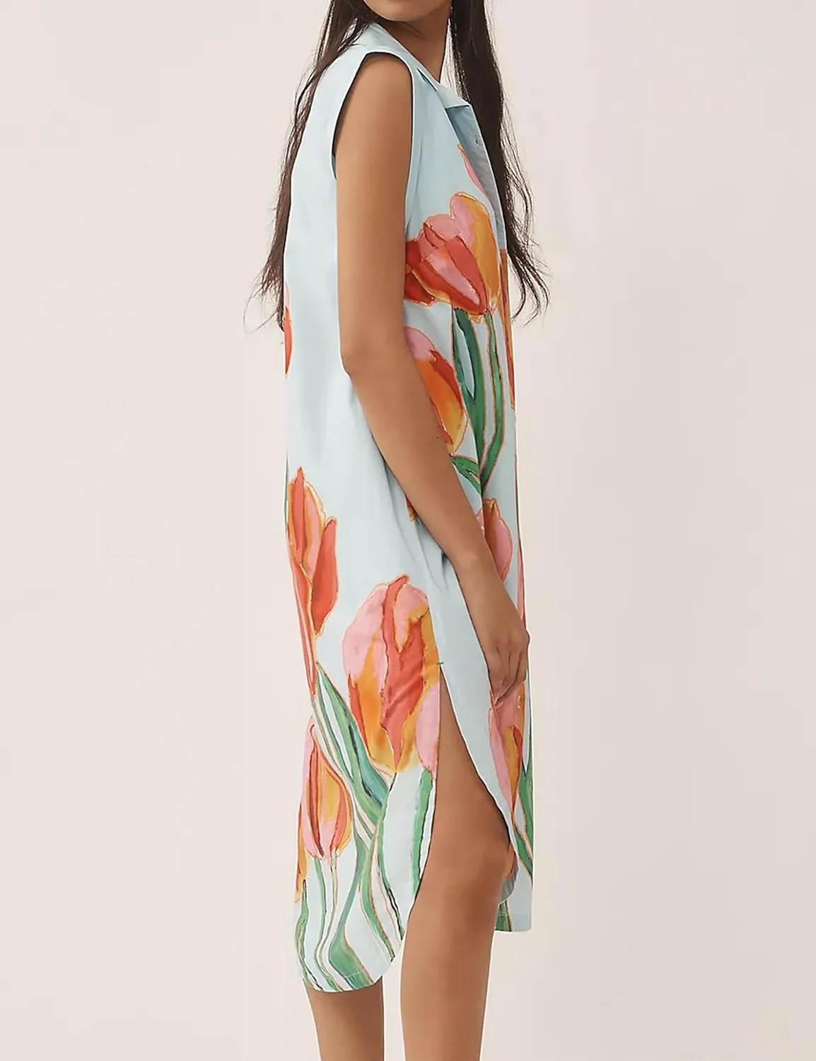 Summer Button Down Floral Print Cap Sleeve Shirt Midi Dress for Women Casual Lapel V Neck Loose Fit Blouse Dresses