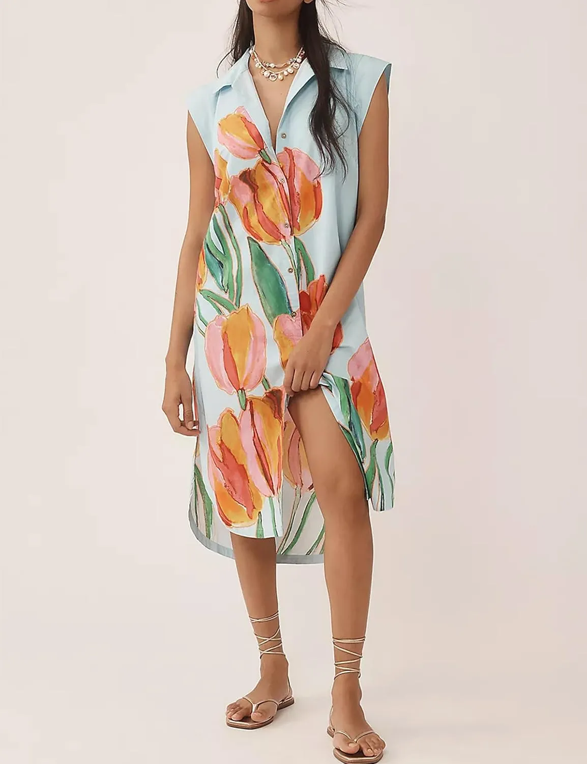Summer Button Down Floral Print Cap Sleeve Shirt Midi Dress for Women Casual Lapel V Neck Loose Fit Blouse Dresses