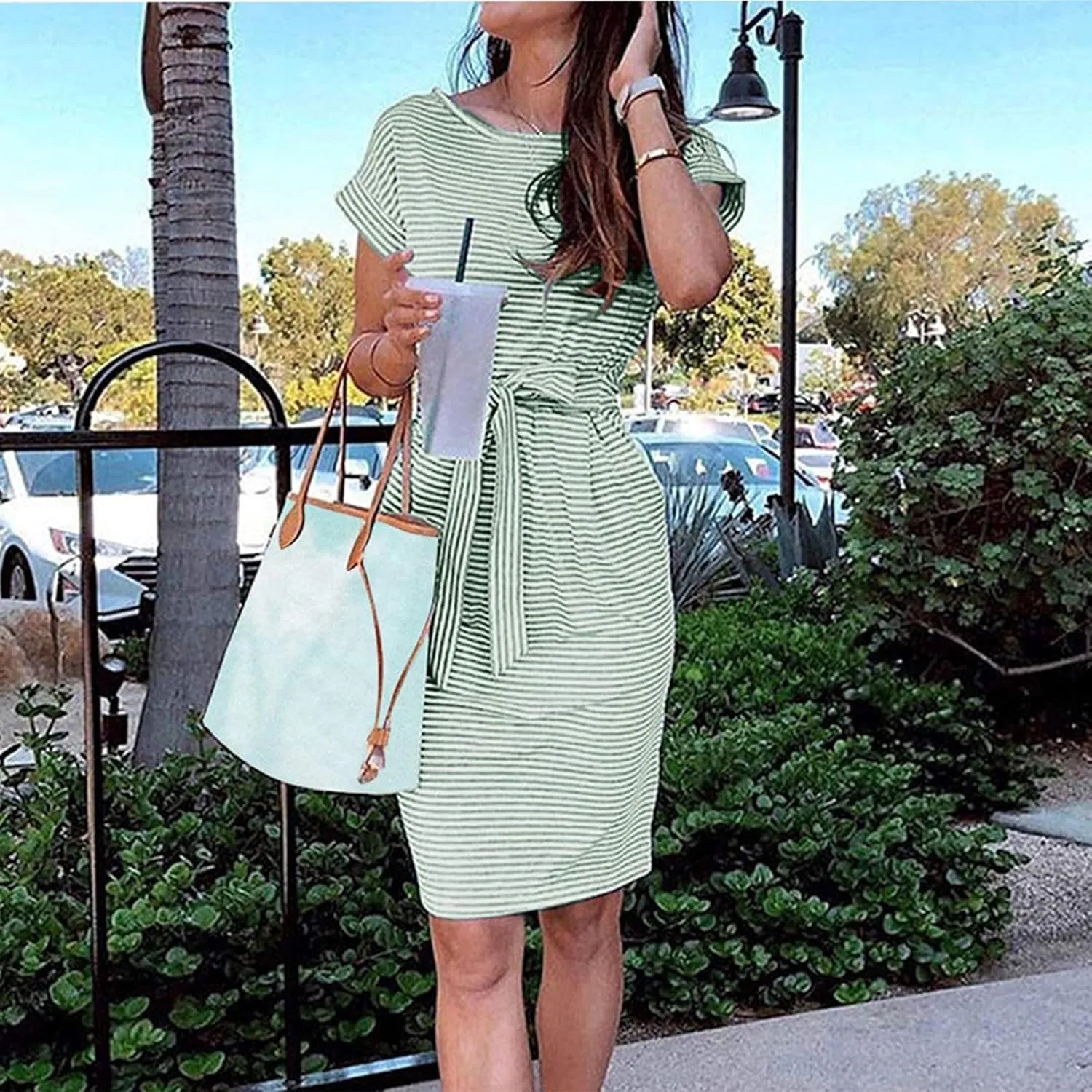 Summer Dresses for Women 2025 Casual Short Sleeve T Shirt Dress Tie Waist Belted Striped Midi Dress with Pockets
