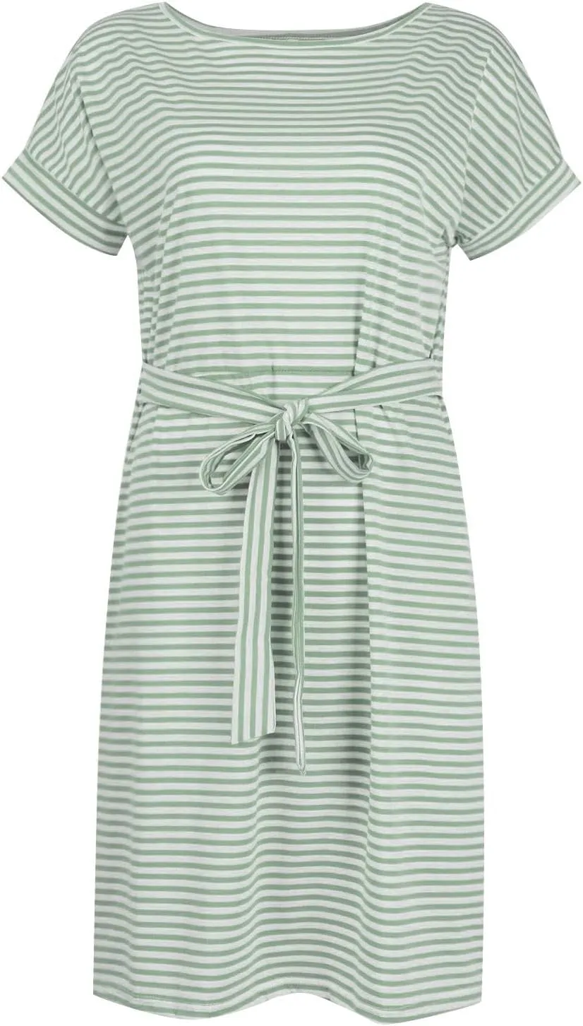 Summer Dresses for Women 2025 Casual Short Sleeve T Shirt Dress Tie Waist Belted Striped Midi Dress with Pockets