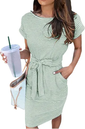 Summer Dresses for Women 2025 Casual Short Sleeve T Shirt Dress Tie Waist Belted Striped Midi Dress with Pockets