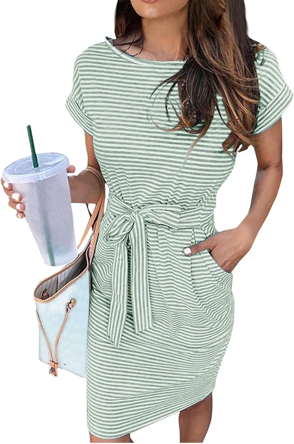 Summer Dresses for Women 2025 Casual Short Sleeve T Shirt Dress Tie Waist Belted Striped Midi Dress with Pockets
